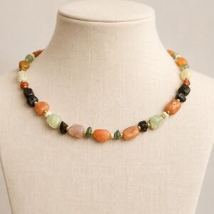 VTG Beggar Beads Necklace 1990s Mixed Polished Gemstone Nuggets -Original Insert
